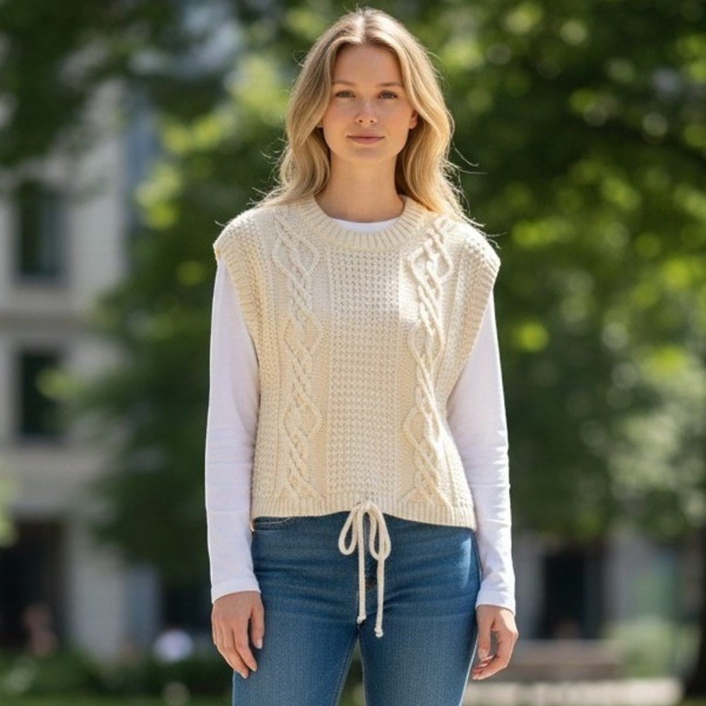 Mystree Cream Cable Knit Sweater Vest Tie Front Sleeveless Top Size M 20237